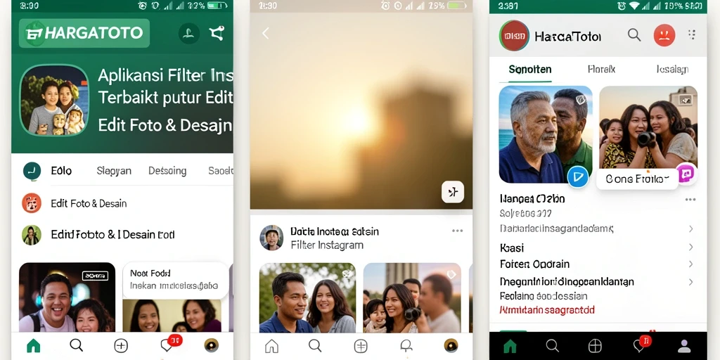 Antarmuka HARGATOTO dengan berbagai filter Instagram yang menarik.