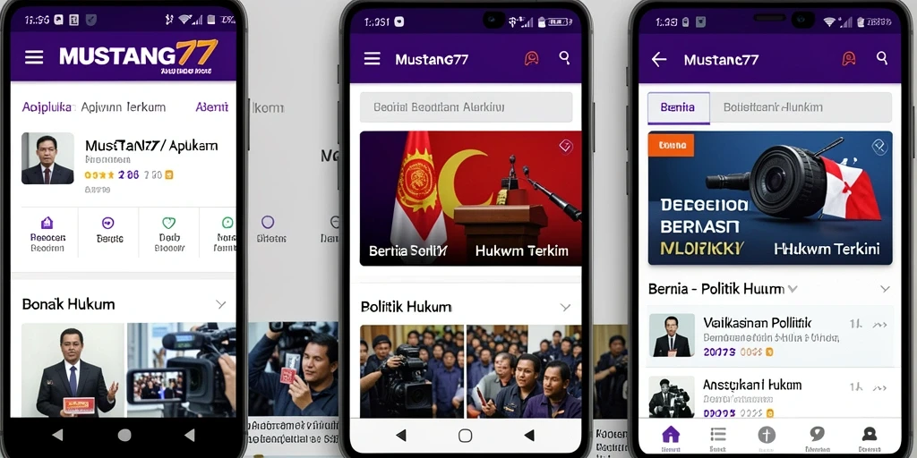 Antarmuka modern dan fungsional aplikasi MUSTANG77 untuk berita politik hukum.