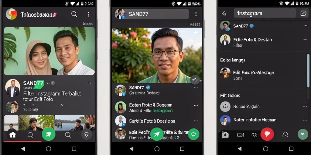 Antarmuka SAND77 dengan berbagai pilihan filter Instagram yang menarik.